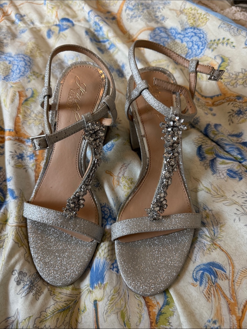 Badgley Mischka Silver Crystal T-Strap Heels